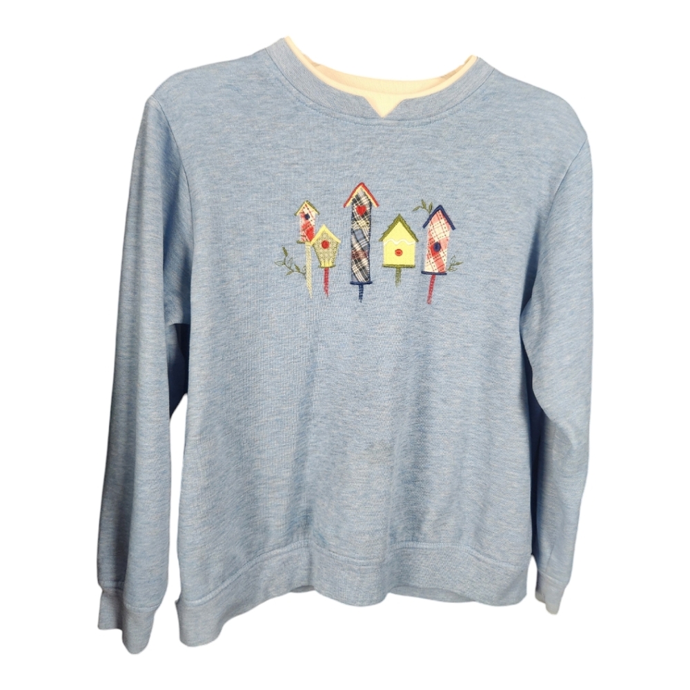 Vintage 90s Embroidered Grandma Crewneck Sweatshirt  Baby Blue Birdhouse Medium